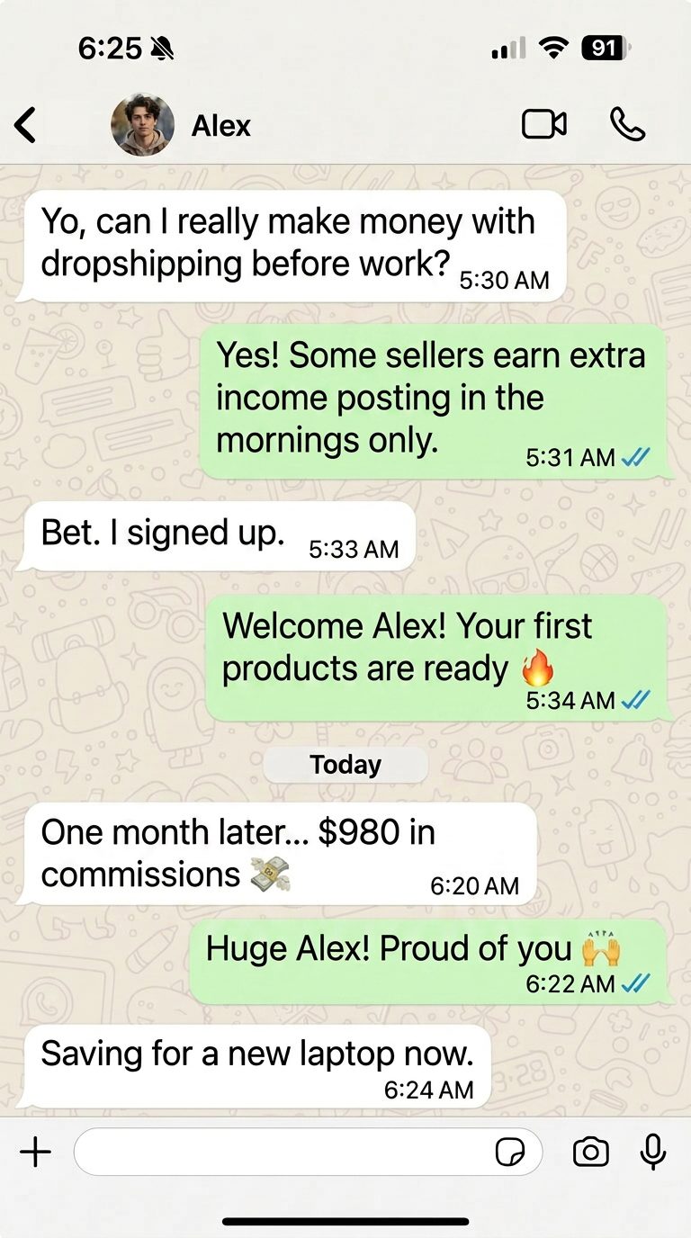WhatsApp conversation with Alex, a TTDropBiz seller