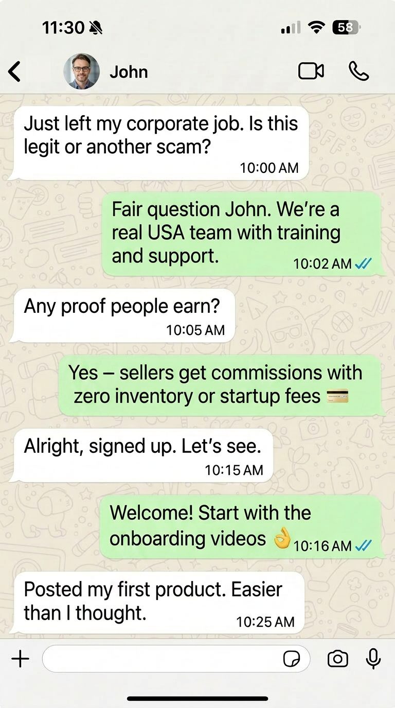 WhatsApp conversation with John, a TTDropBiz seller
